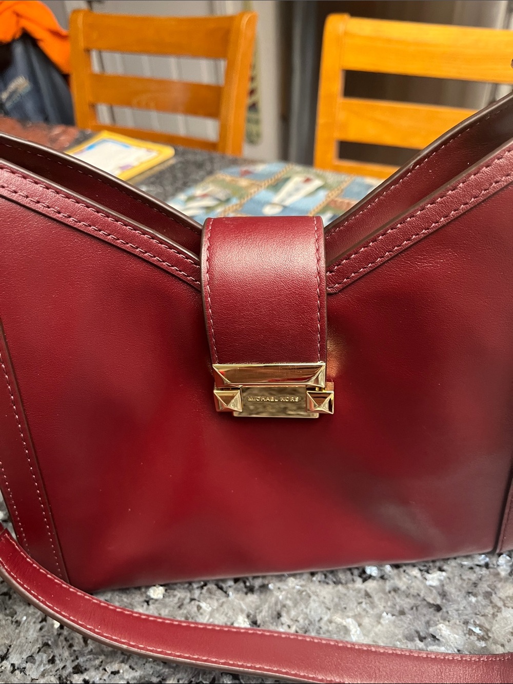 Michael Kors Wine Red Leather Shoulder Bag with Gold Hardware